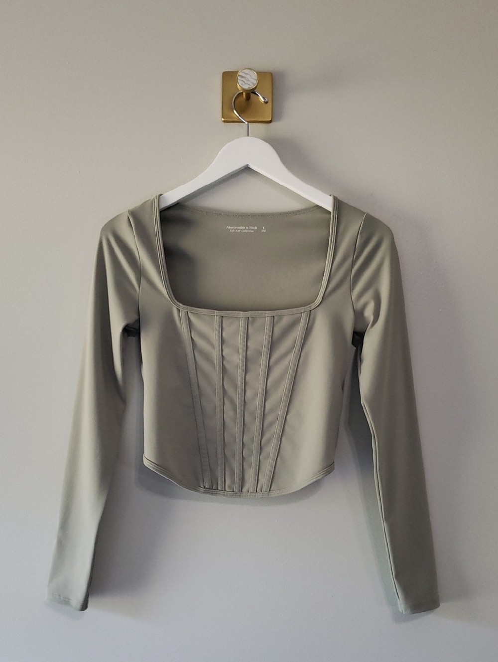 Abercrombie & Fitch Square Neck Long Sleeve Corset Top Small Sage Soft Flaw